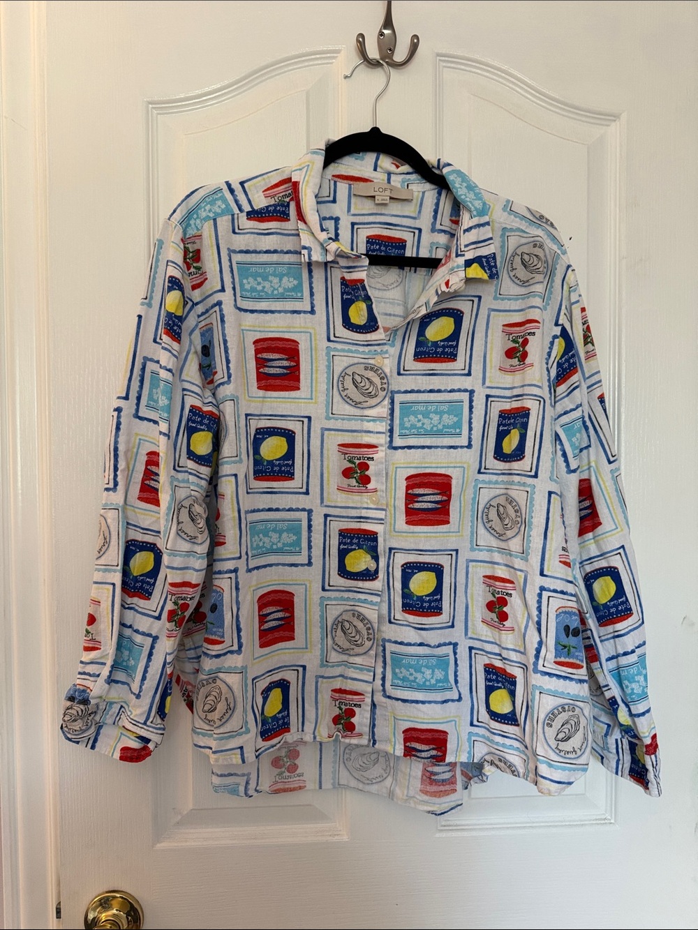 LOFT White Printed Casual Button Down Shirt with Red, Blue & Yellow Accents